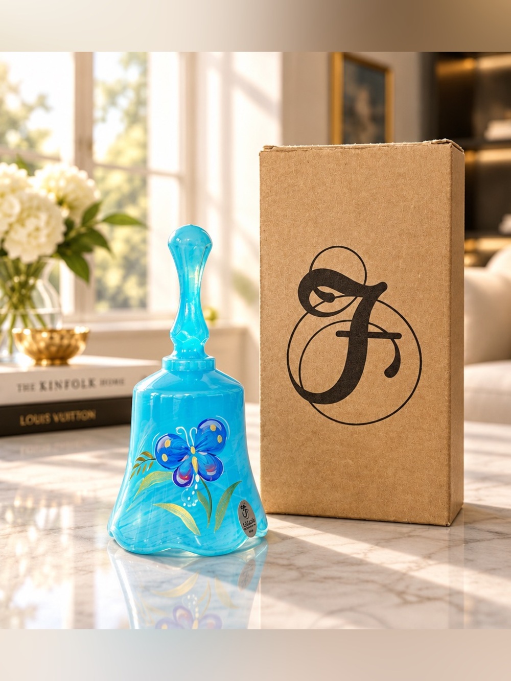 Fenton Handmade Hand Painted Blue Opaline Art Glass Butterfly Bell w/ Box